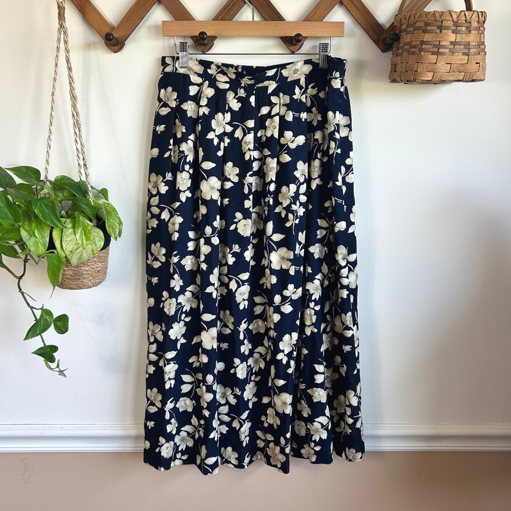 American Collection Vintage Floral Maxi Skirt Navy Blue Rayon Pleated Womens 16
